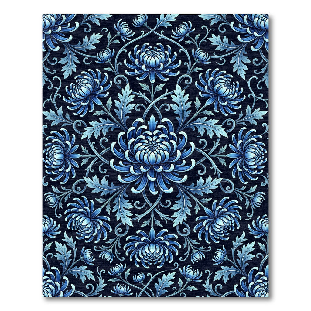 Elegant Blue Chrysanthemum Floral Symmetry Rug