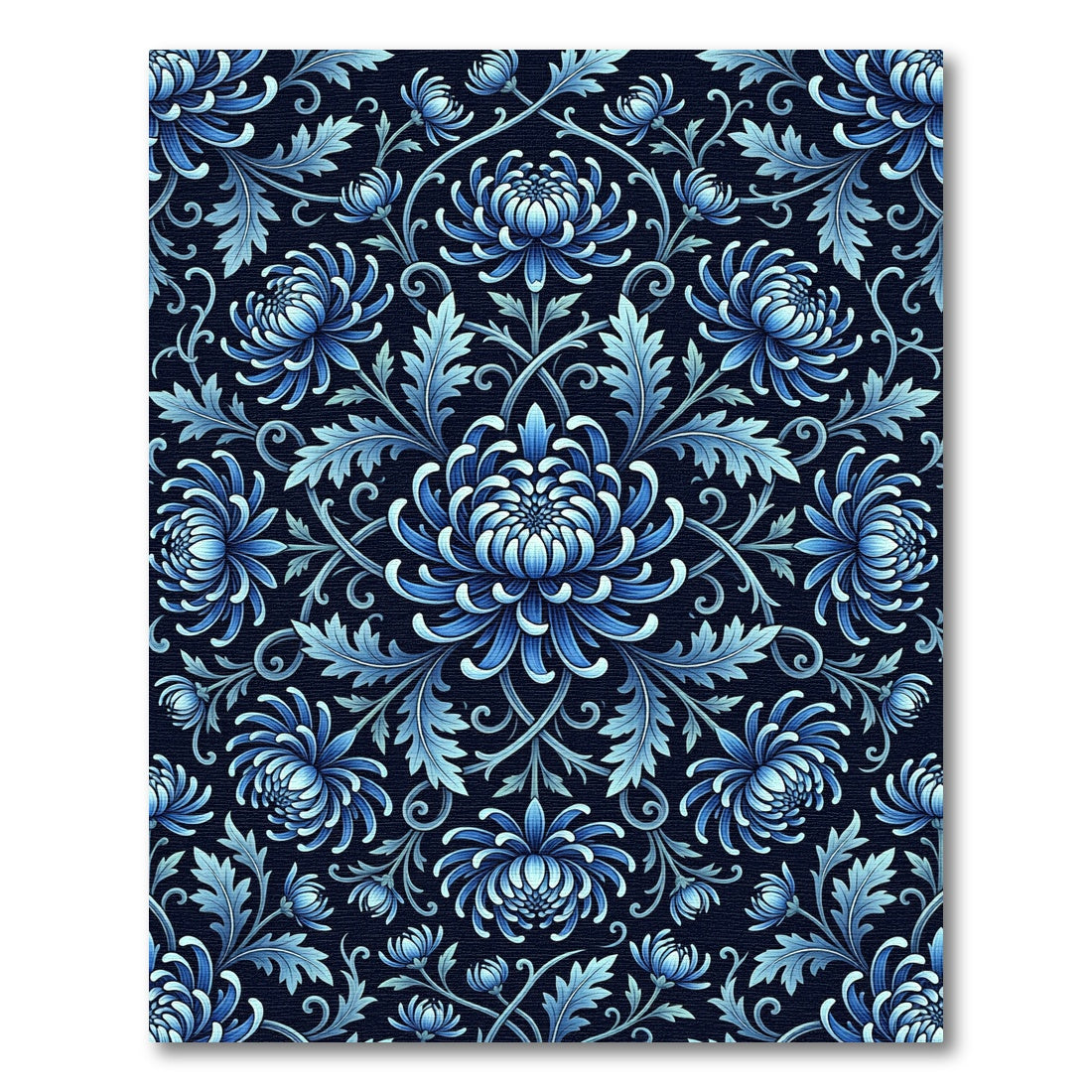 Elegant Blue Chrysanthemum Floral Symmetry Rug