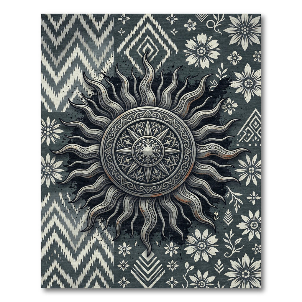 Celestial Silver Sun Medallion Monochrome Rug