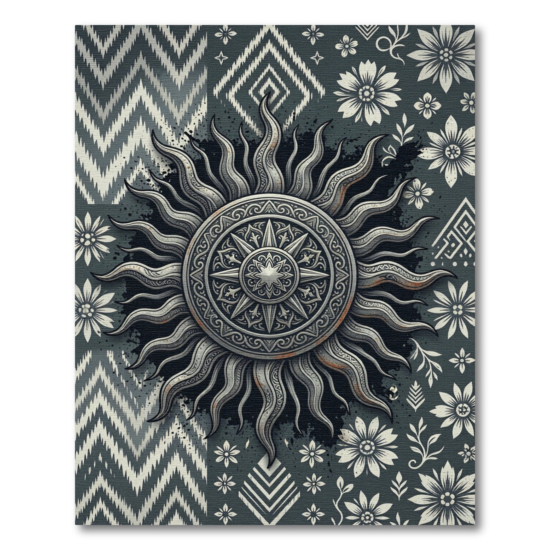 Celestial Silver Sun Medallion Monochrome Rug