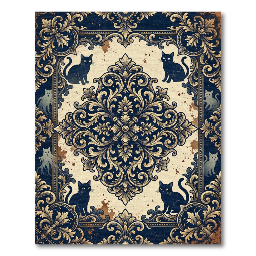 Dark Blue Damask Cat Medallion Rug