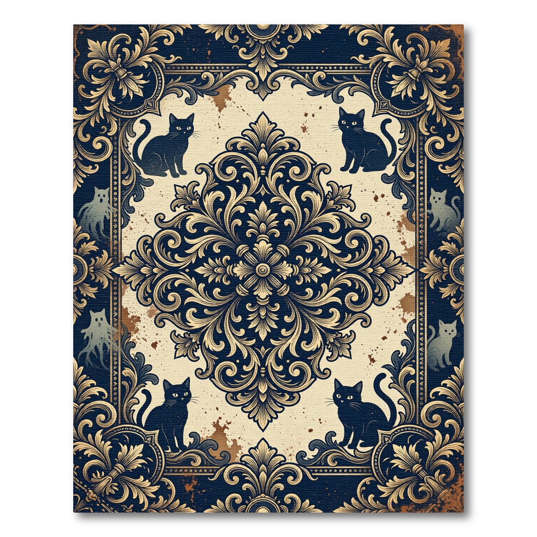 Dark Blue Damask Cat Medallion Rug