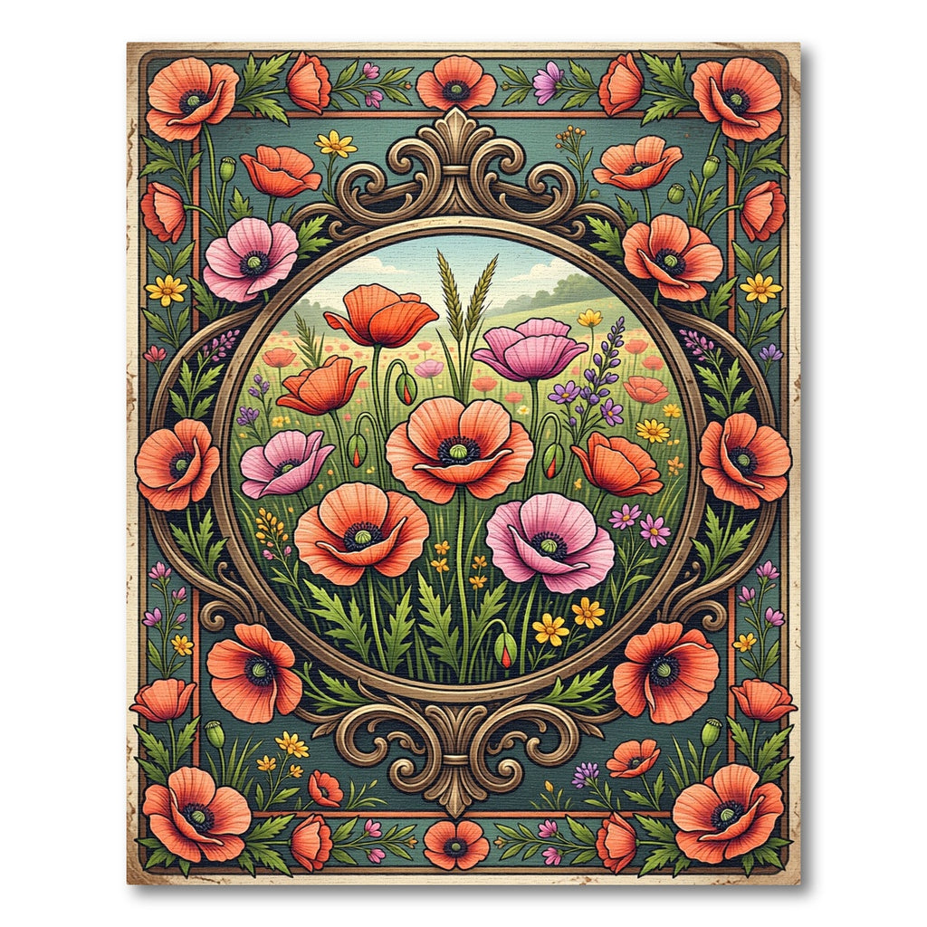 Vintage Poppy Meadow Floral Art Deco Rug
