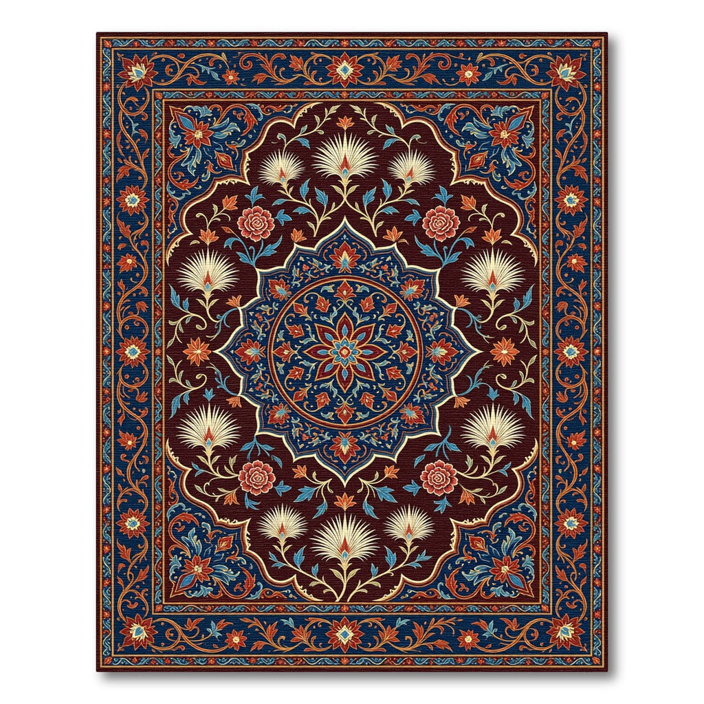 Ornate Red Blue Floral Medallion Rug