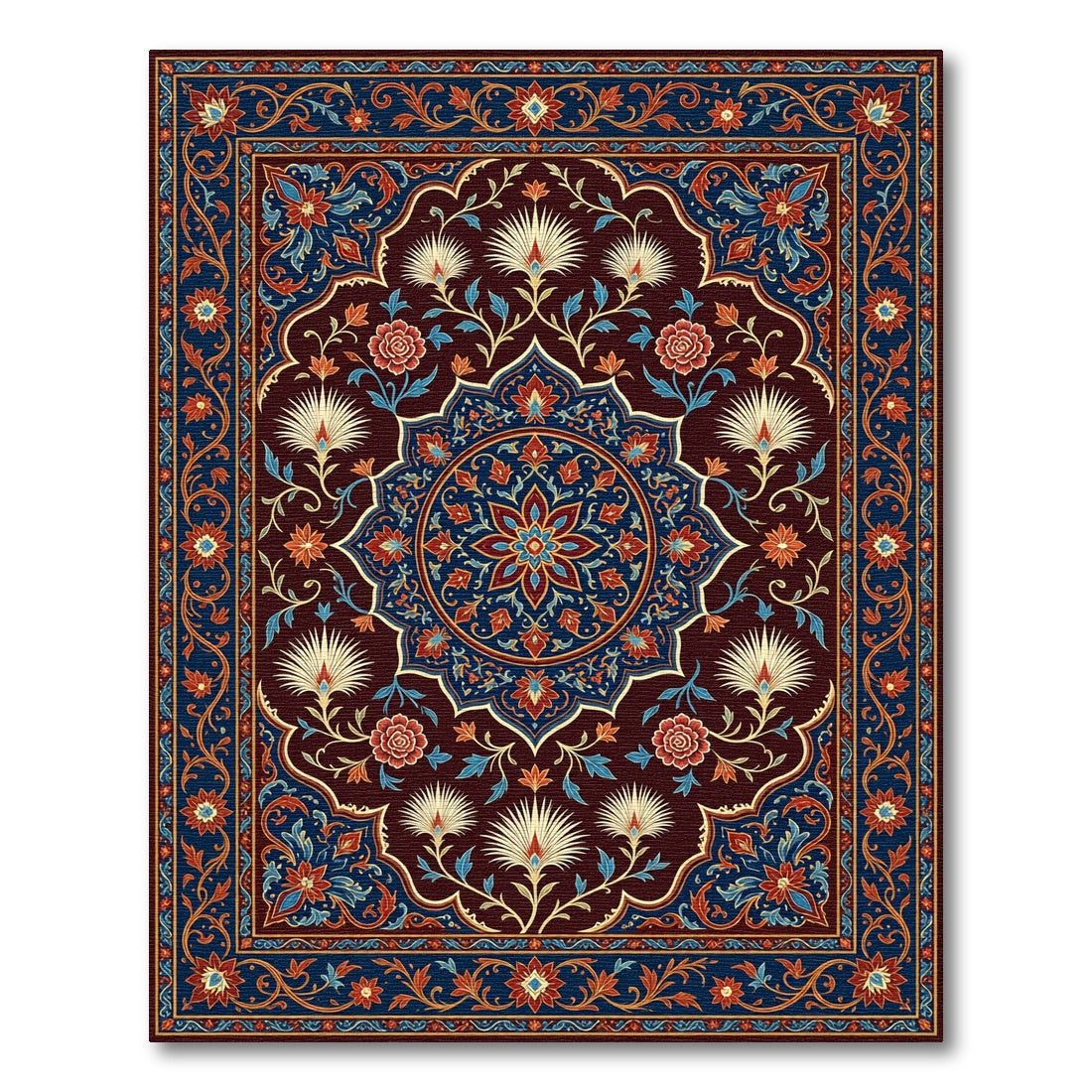 Ornate Red Blue Floral Medallion Rug