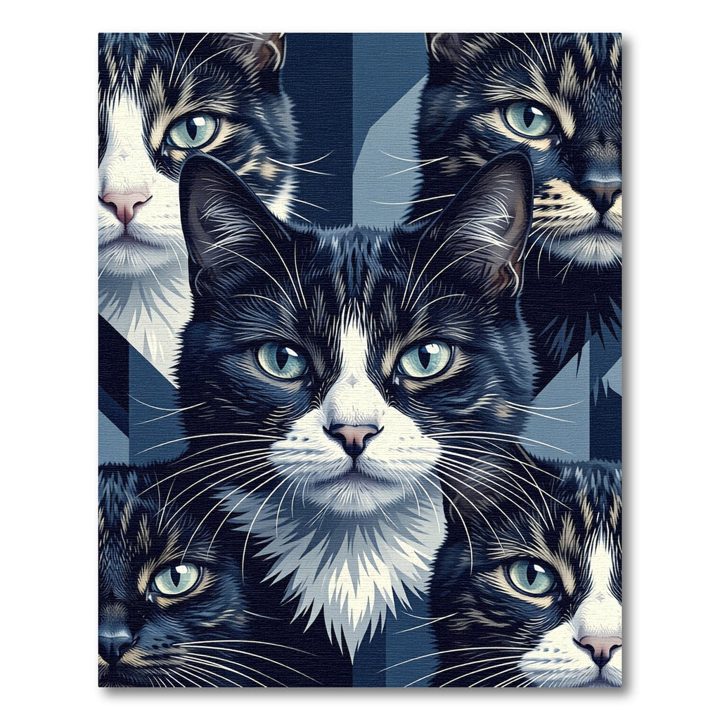 Blue Tonal Feline Portrait Geometric Area Rug