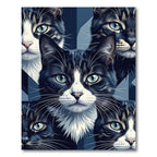 Blue Tonal Feline Portrait Geometric Area Rug