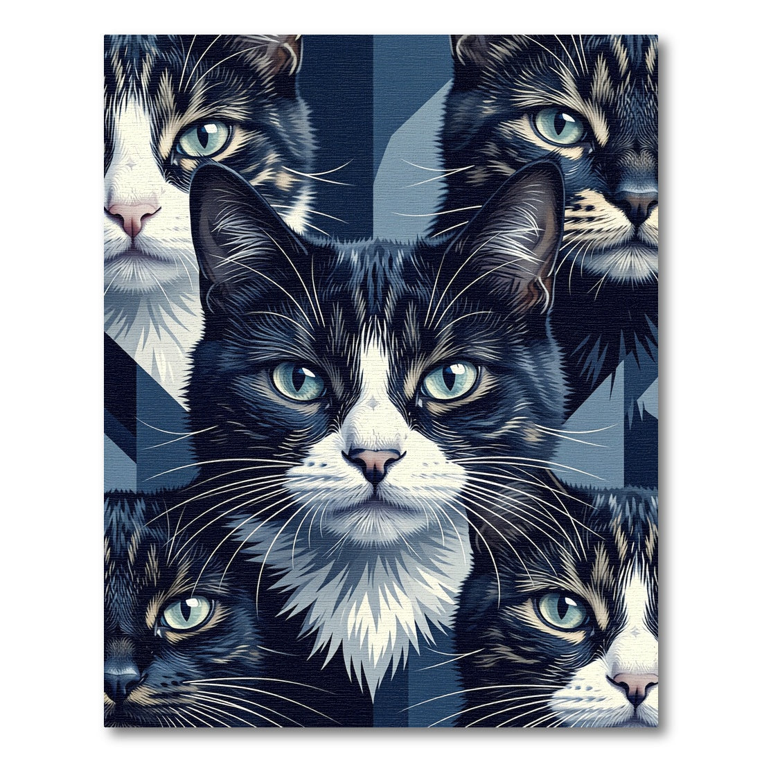 Blue Tonal Feline Portrait Geometric Area Rug