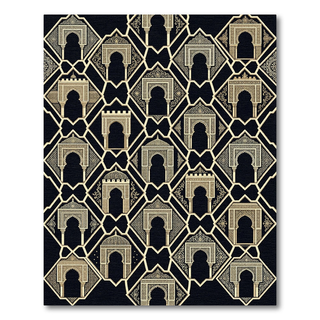Elegant Archway Golden Geometric Black Rug