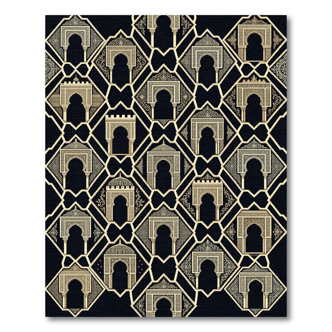 Elegant Archway Golden Geometric Black Rug