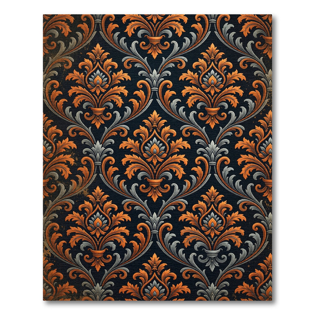 Ornate Burnt Orange Charcoal Damask Rug