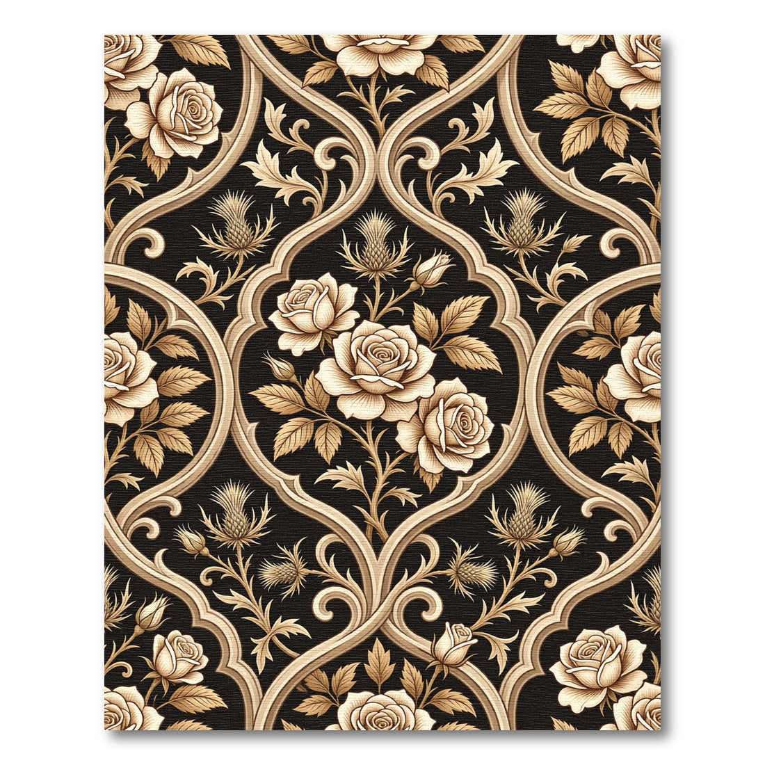 Cream Rose Thistle Scrollwork Pattern Rug