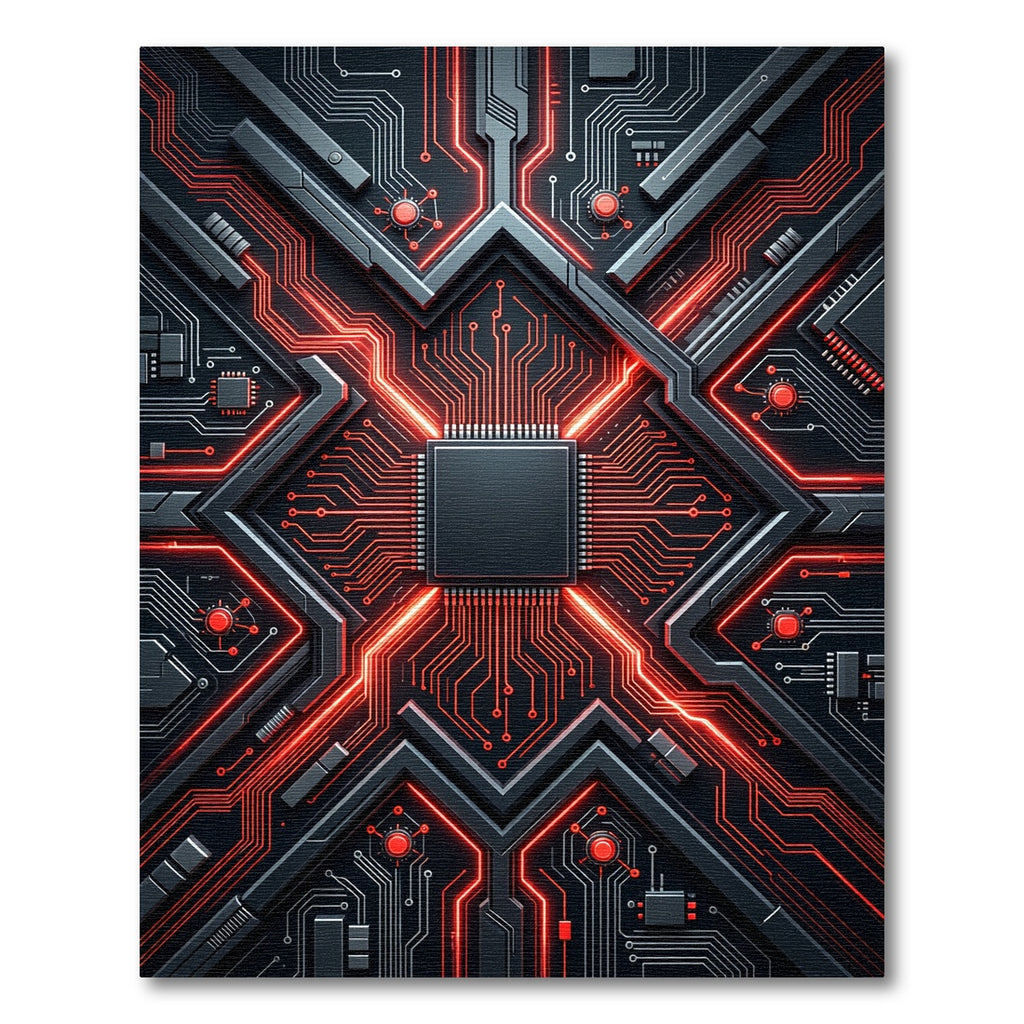 Cybernetic Red Circuit Neon Abstract Rug