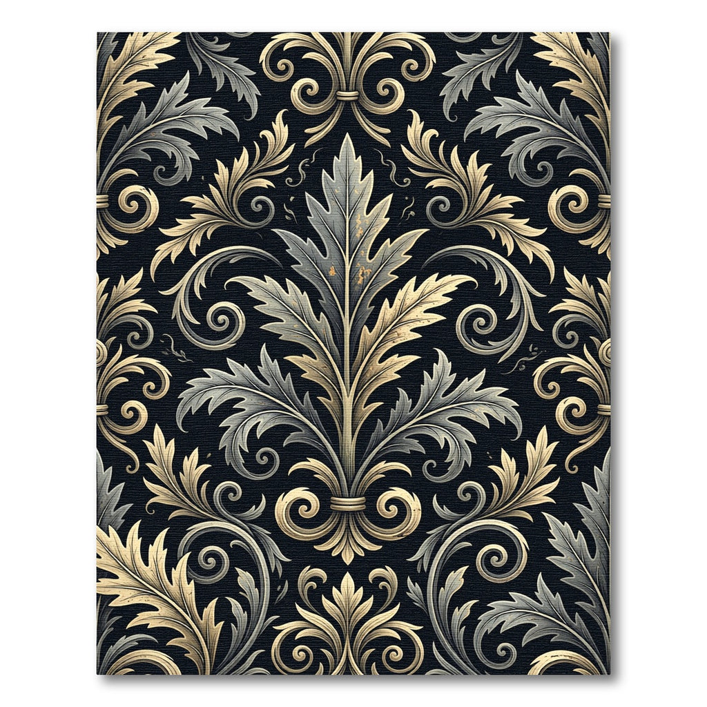 Elegant Gold and Charcoal Damask Scroll Rug