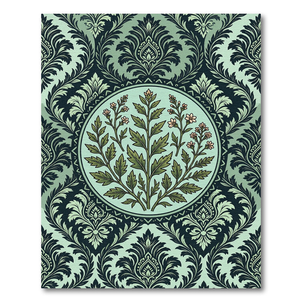Sage Botanical Damask Mint Medallion Rug