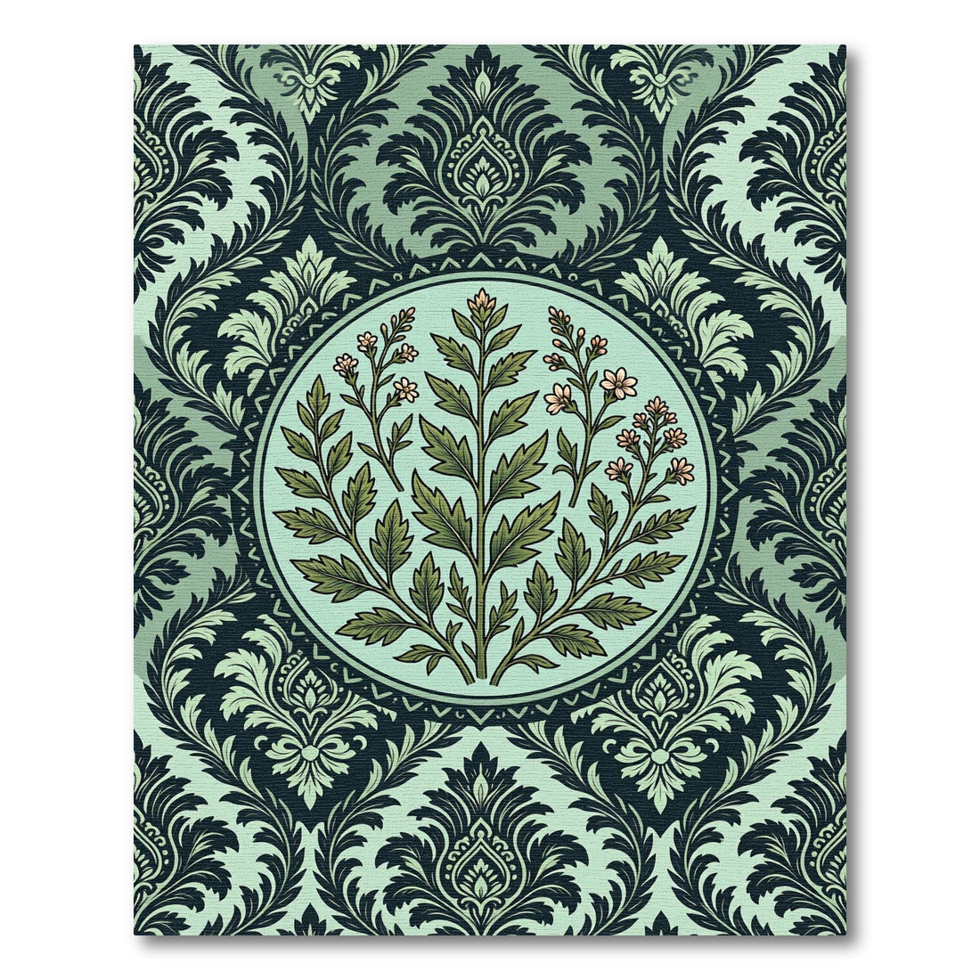Sage Botanical Damask Mint Medallion Rug