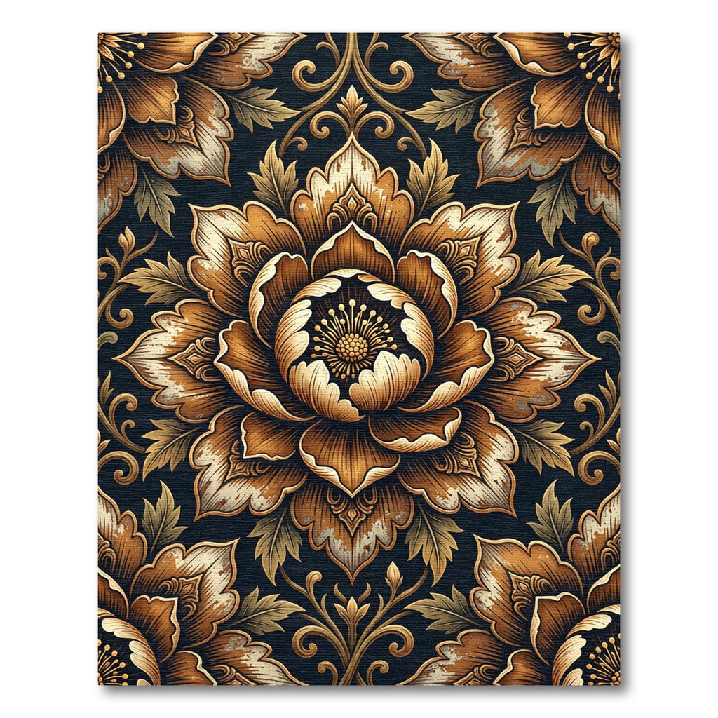 Ornate Golden Floral Damask Art Rug