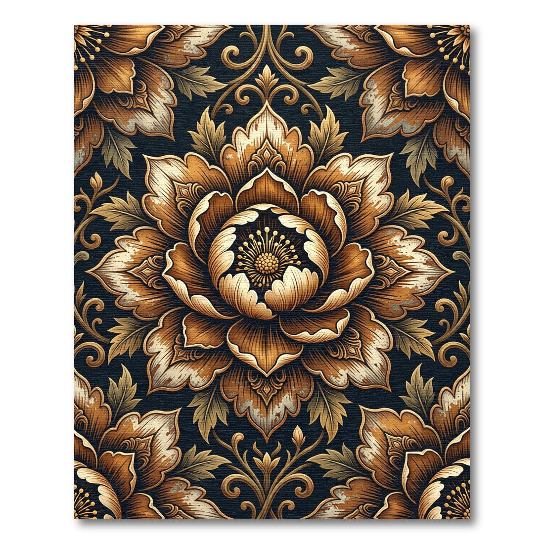 Ornate Golden Floral Damask Art Rug