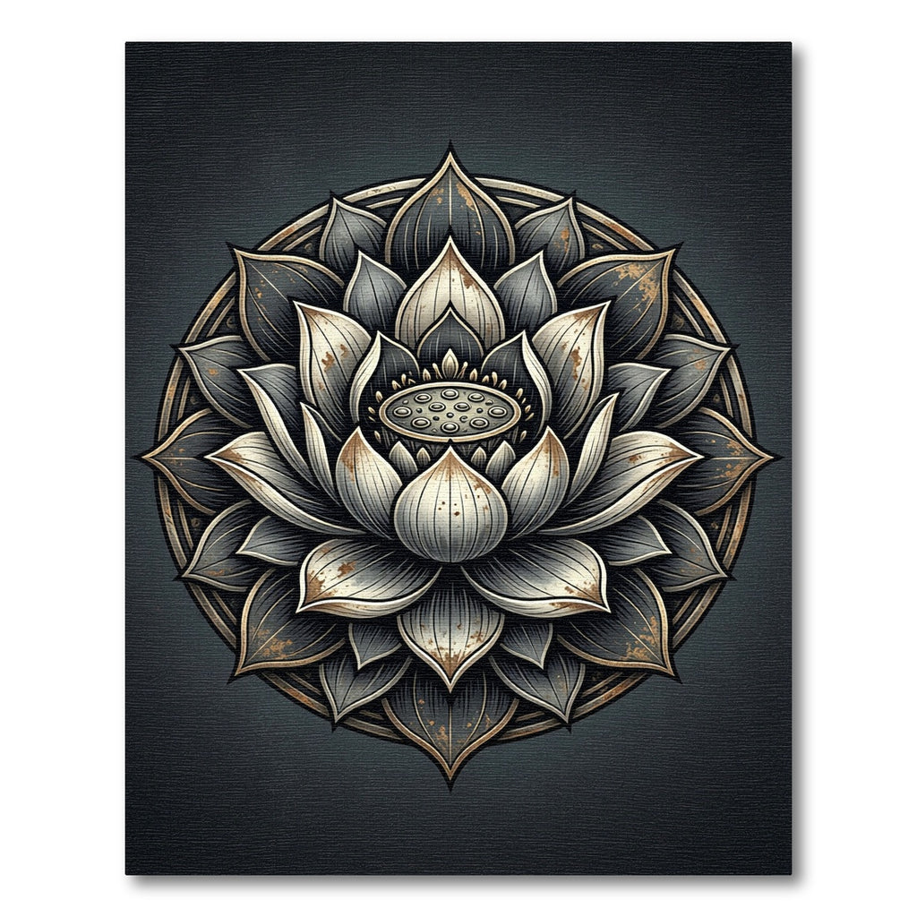 Gold and Charcoal Zen Lotus Mandala Rug