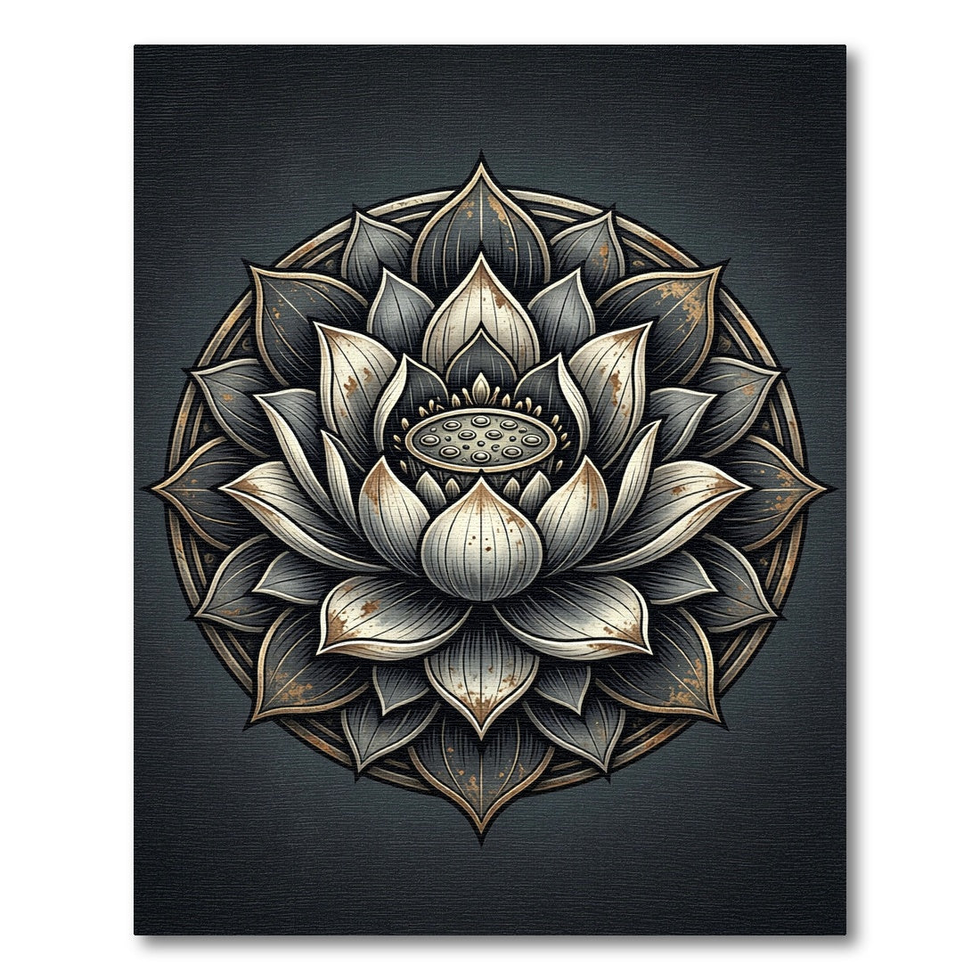 Gold and Charcoal Zen Lotus Mandala Rug