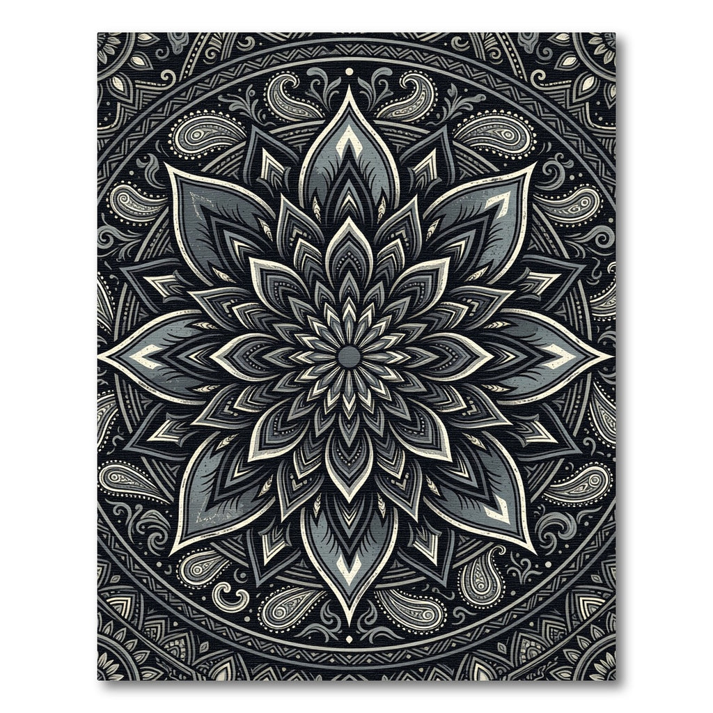 Sophisticated Charcoal Monochrome Floral Mandala Rug