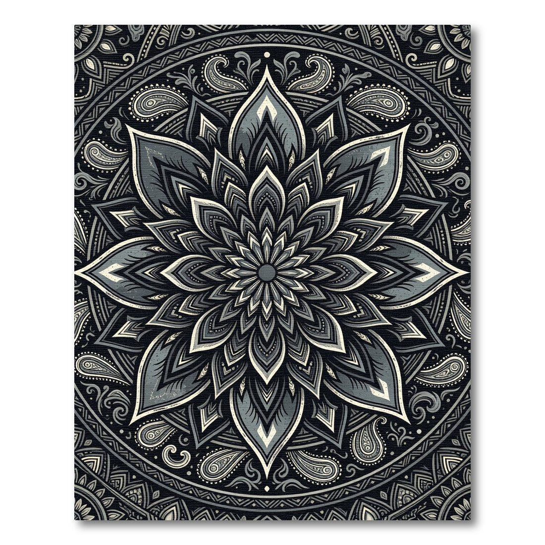 Sophisticated Charcoal Monochrome Floral Mandala Rug