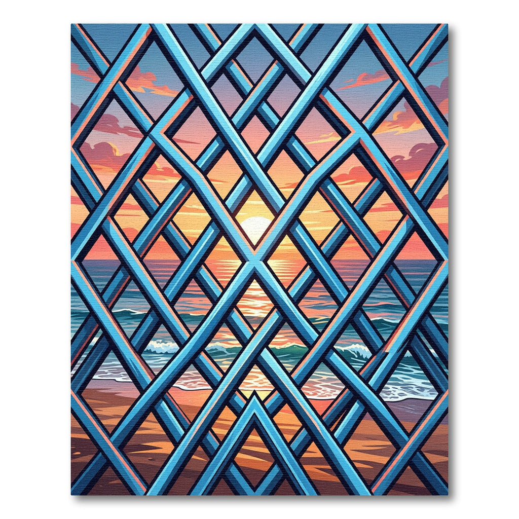 Blue Geometric Lattice Sunset Ocean View Rug