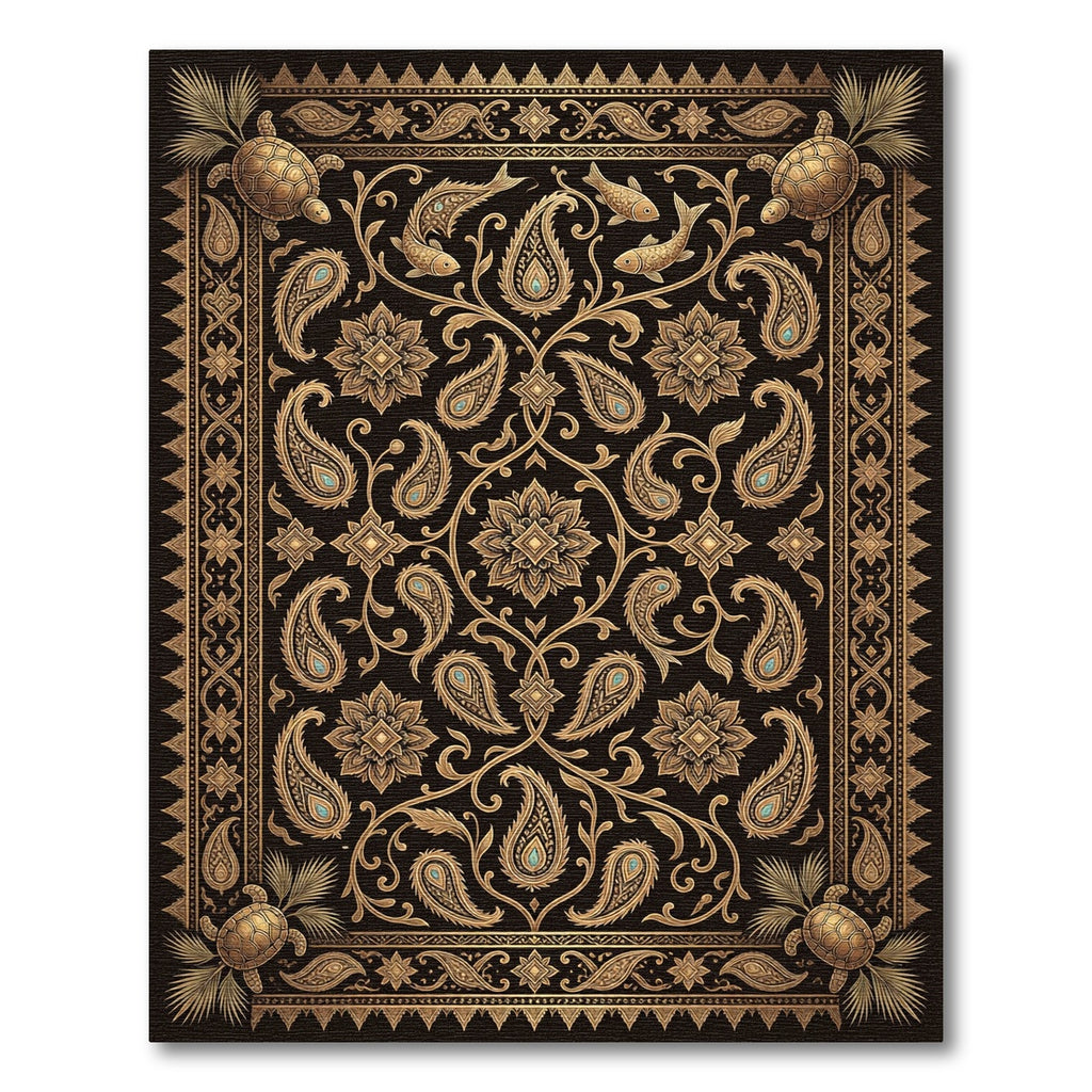 Ornate Gold Paisley Turtle Sea Life Rug