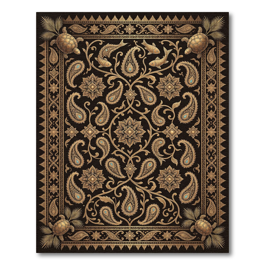 Ornate Gold Paisley Turtle Sea Life Rug