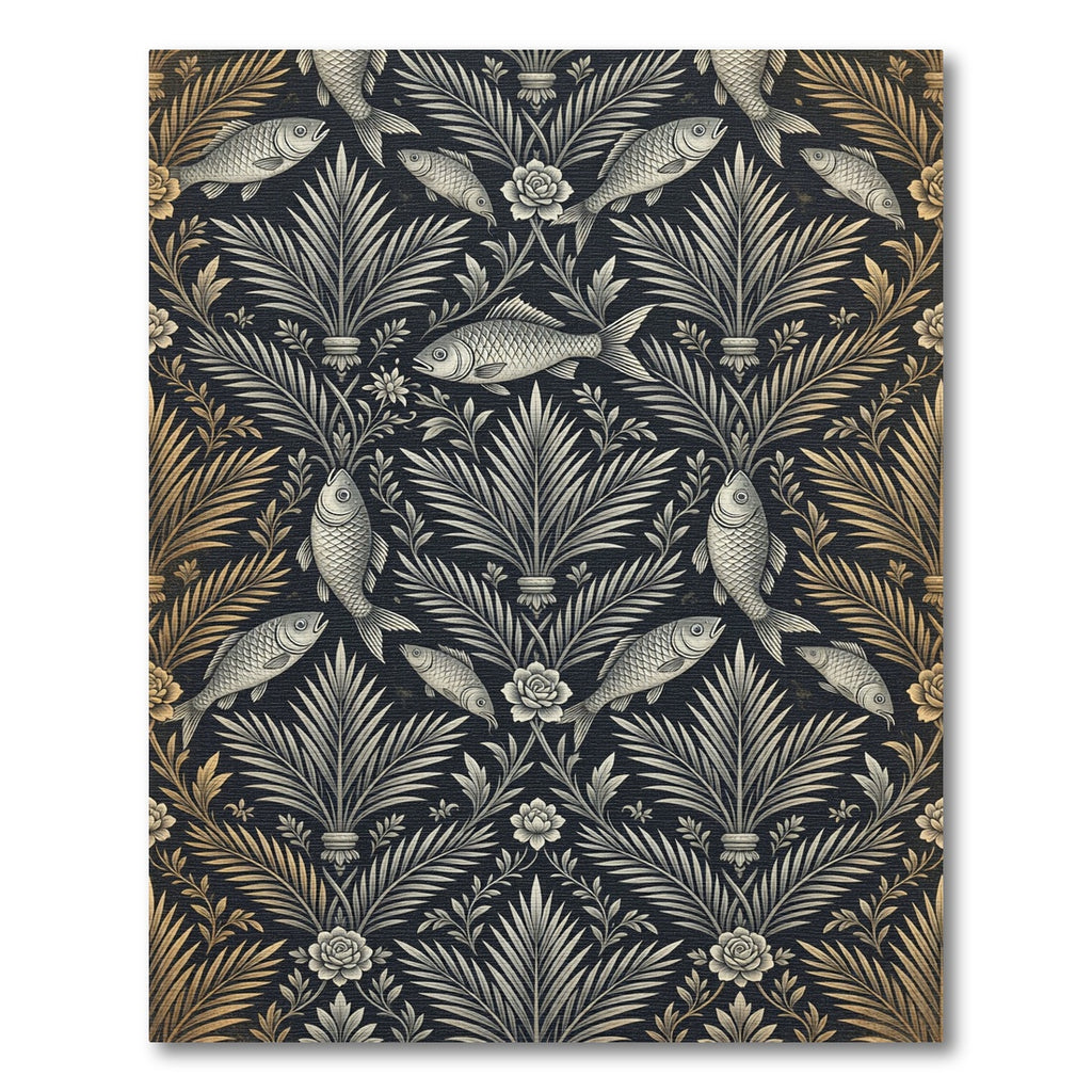 Golden Fish and Botanical Scroll Tapestry Rug