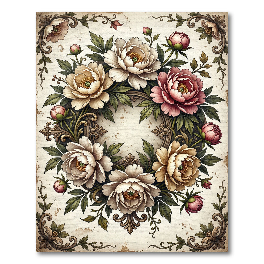 Vintage Cream Peony Floral Wreath Rug