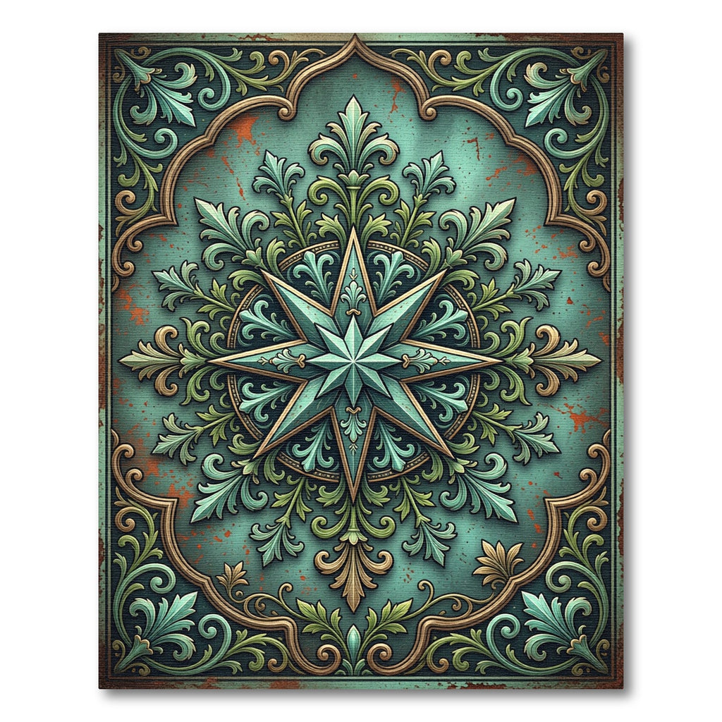 Ethereal Teal Compass Star Ornamental Filigree Rug