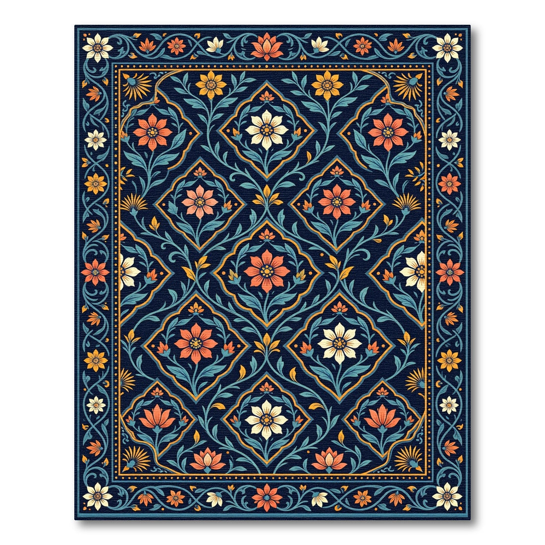Midnight Navy Floral Diamond Mosaic Rug