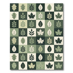 Earthy Green Botanical Leaf Grid Rug