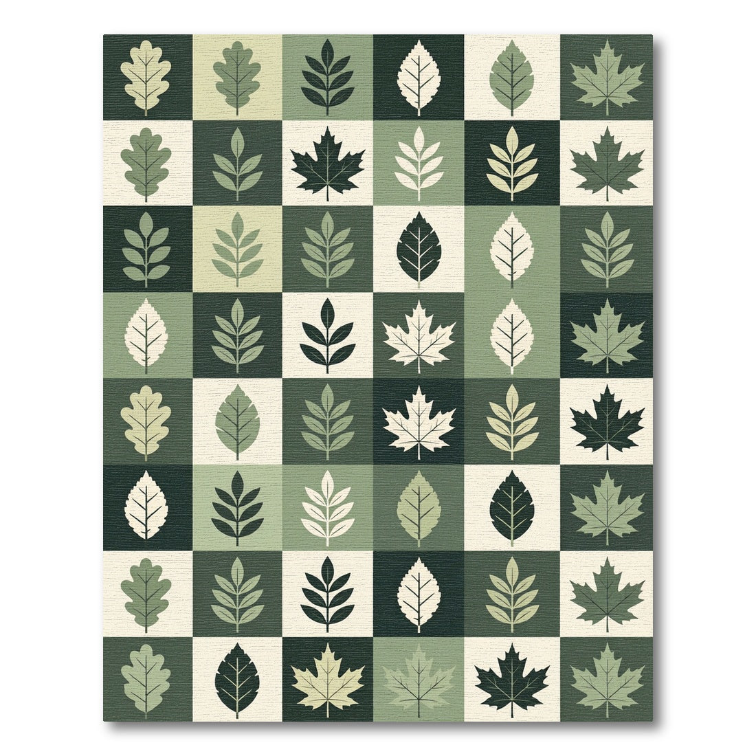 Earthy Green Botanical Leaf Grid Rug