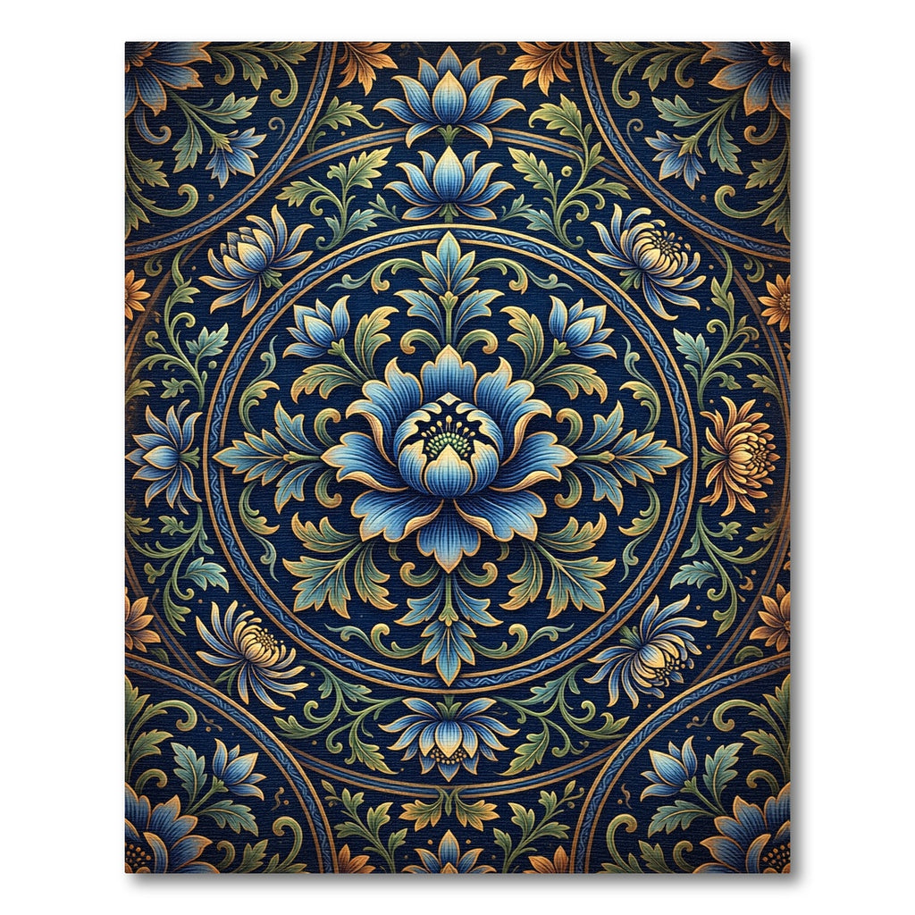 Intricate Blue Floral Medallion Tile Rug