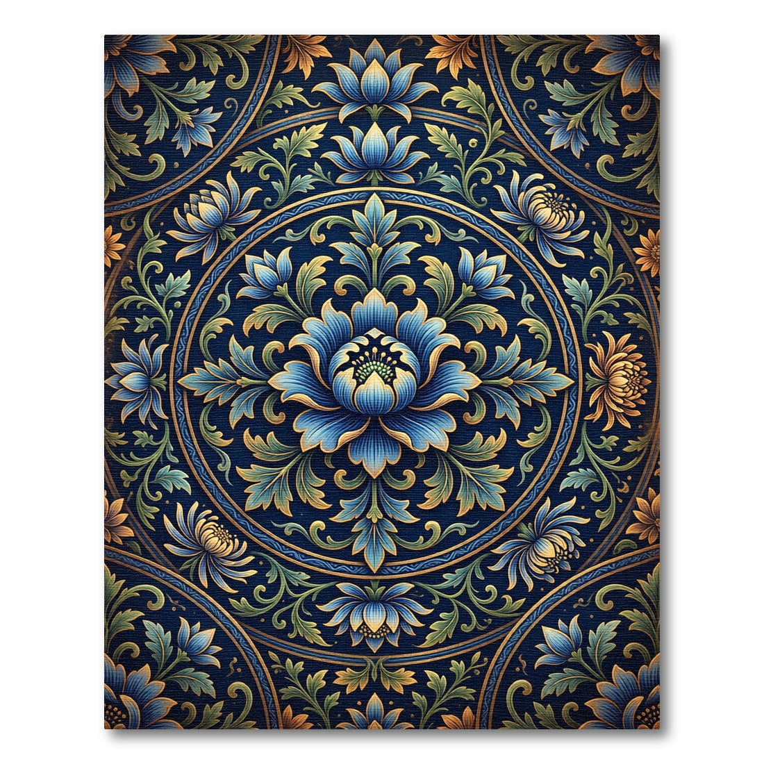 Intricate Blue Floral Medallion Tile Rug