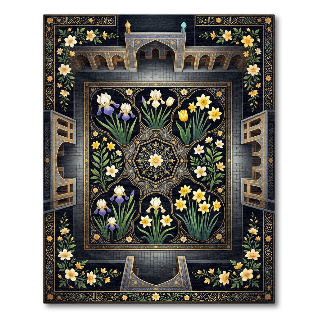 Midnight Floral Garden Iris Daffodil Tapestry Rug
