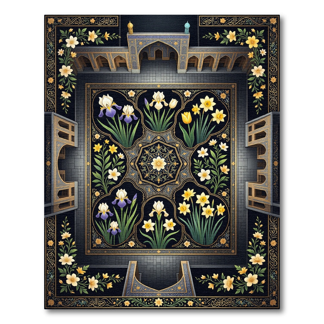 Midnight Floral Garden Iris Daffodil Tapestry Rug