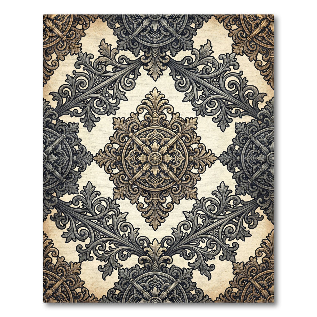Ornate Black Cream Scrollwork Medallion Rug