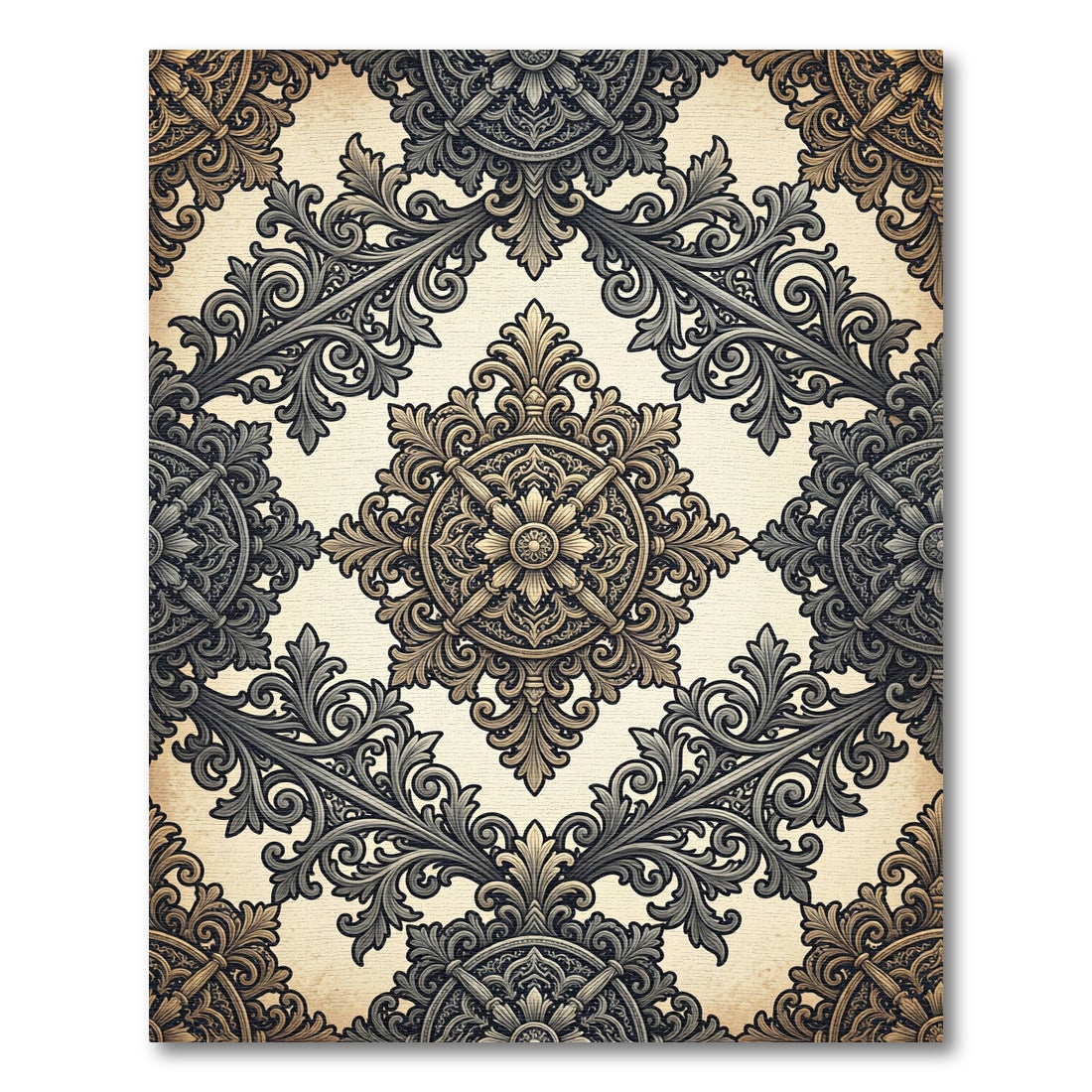 Ornate Black Cream Scrollwork Medallion Rug
