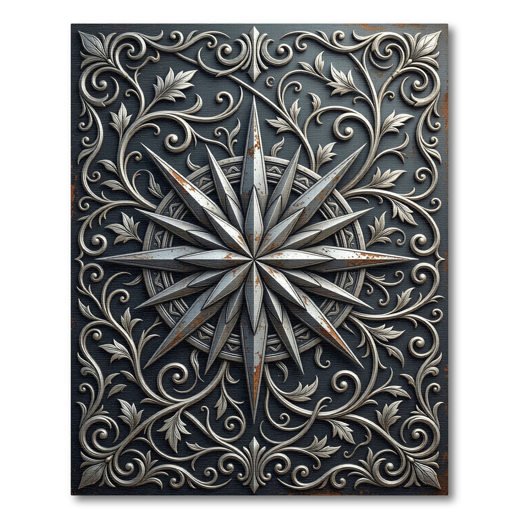 Metallic Silver Compass Star Scrollwork Rug