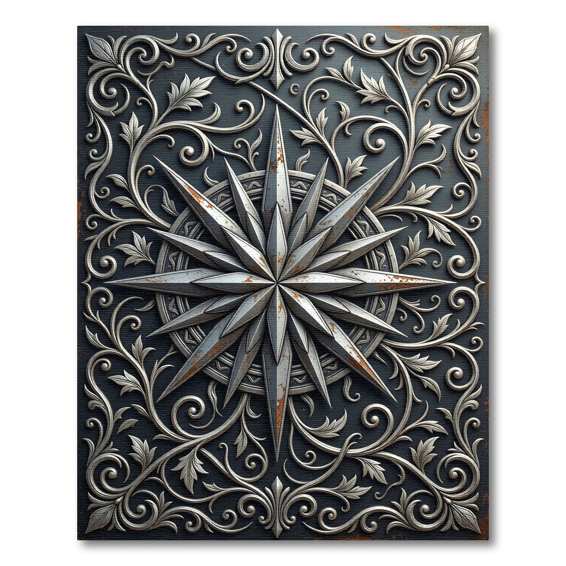 Metallic Silver Compass Star Scrollwork Rug