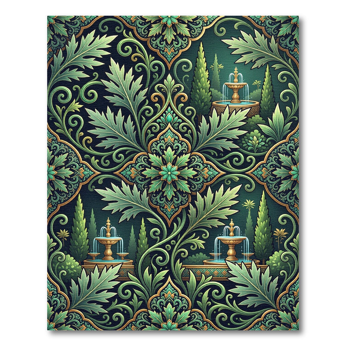Emerald Green Garden Fountain Scrollwork Rug