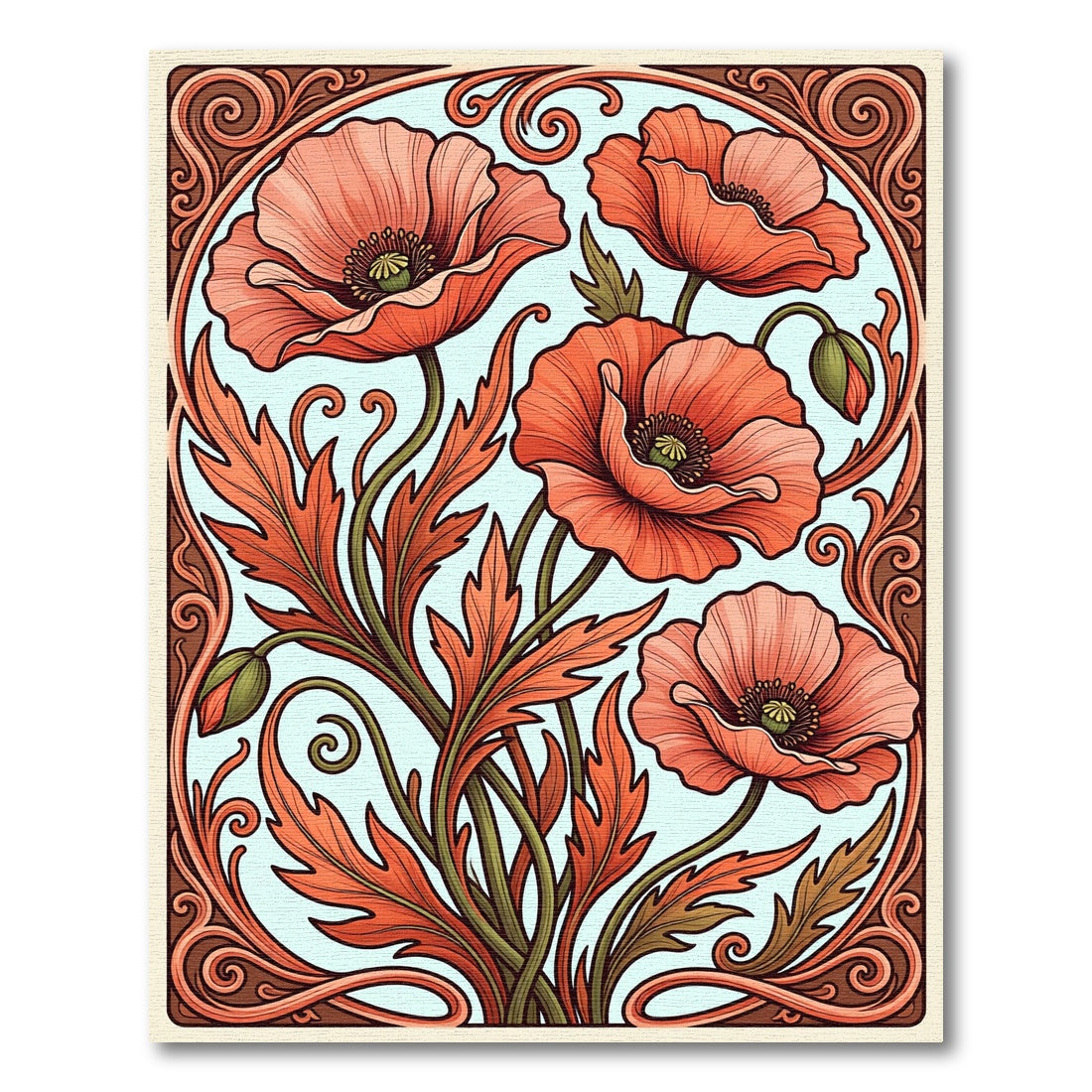 Art Nouveau Poppy Botanical Coral Rug