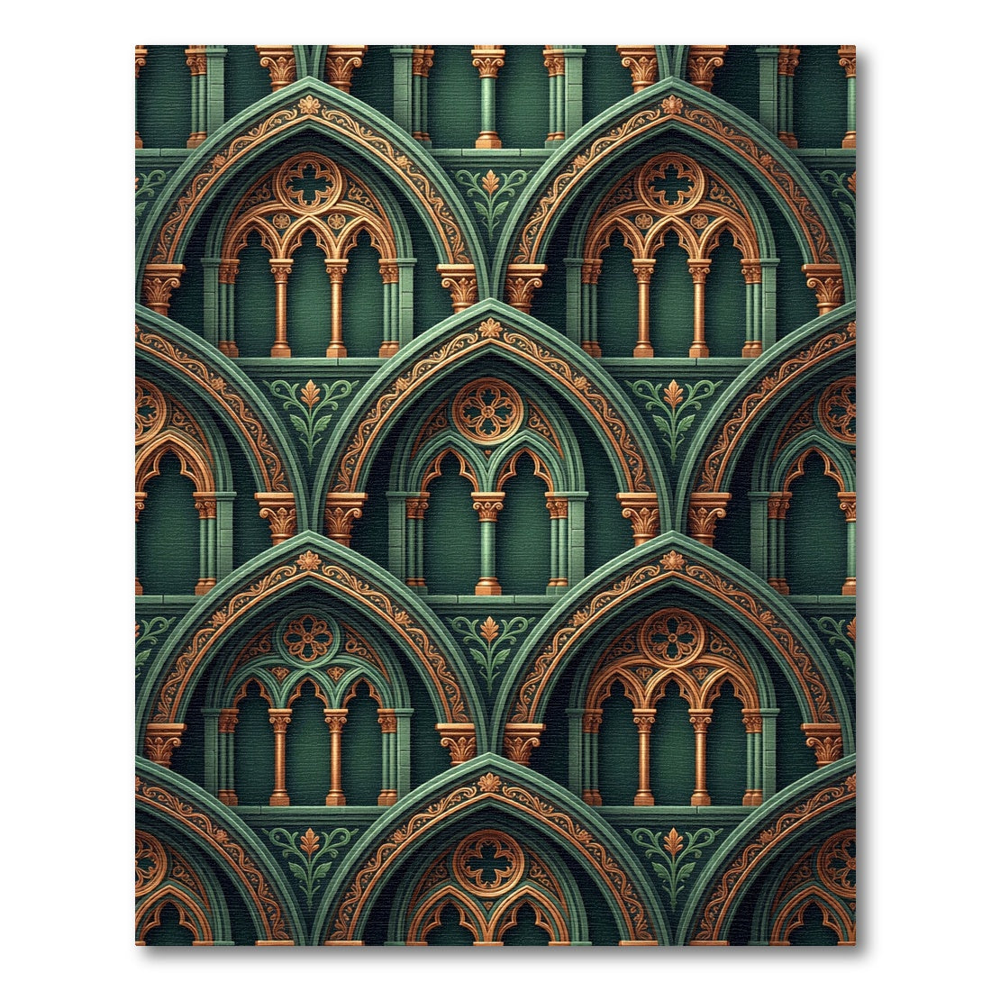 Emerald Green Gothic Arch Teal Scroll Rug