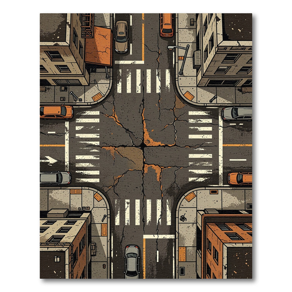 Urban Cityscape Crossroads Cracked Asphalt Rug