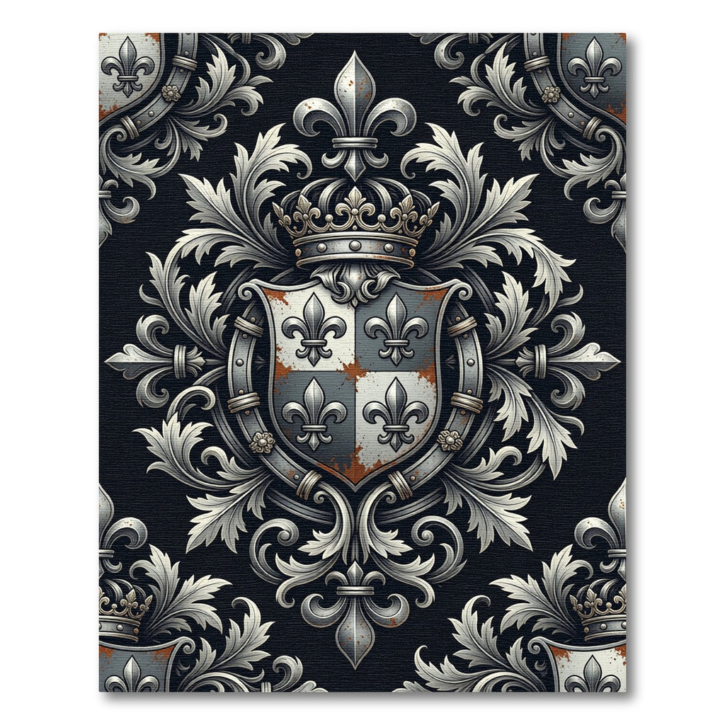 Royal Silver Fleur de Lis Heraldic Scroll Rug