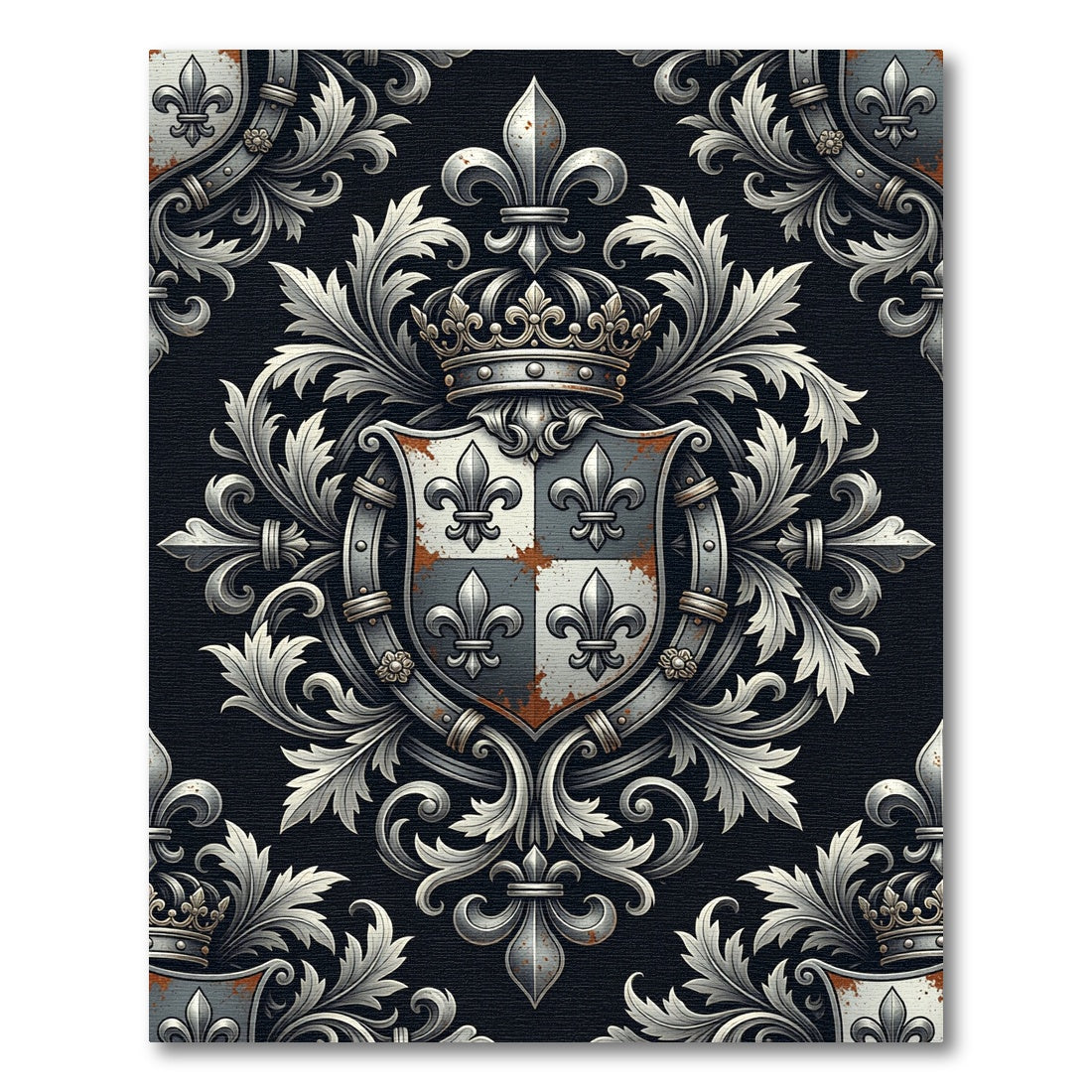 Royal Silver Fleur de Lis Heraldic Scroll Rug