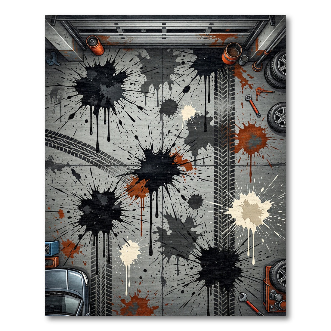 Grayscale Splatter Abstract Tire Tracks Rug